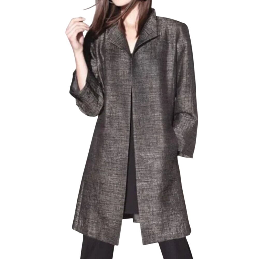 Eileen Fisher Women's Grey and Silver Silk‎ Blend Jacquard Duster Jacket Size M